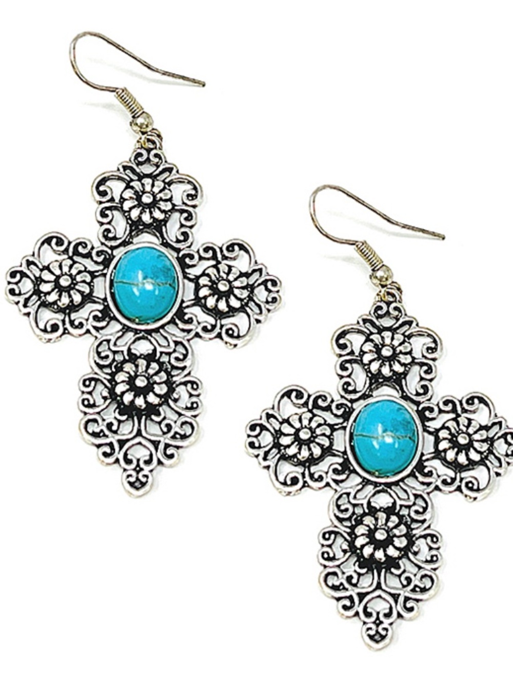 Turquoise Cross Earring Silver Plate